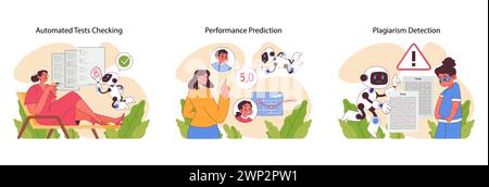 INTELLIGENZA ARTIFICIALE nell'illustrazione didattica. Semplificazione della valutazione grazie al controllo automatizzato dei test. Prevedere le prestazioni degli studenti. Garantire l'originalità attraverso il rilevamento del plagio. Illustrazione vettoriale piatta Illustrazione Vettoriale