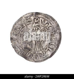 Brakteat; Boles Aw III Krzywousty (KSI polacco; 1107-1138); 1135-1138 (1135-00-00-1138-00-00); Bolesław III Krzywousty (Principe di Polonia - 1086-1138), Bolesław III Krzywousty (Principe di Polonia - 1086-1138) - iconografia, Wojciech (Saint - ca. 956-997), vescovo (iconogr.), vescovi, gesto di cura (iconogr .), klęczący książę (ikonogr.), męczennicy, pastorał, pastorał (ikonogr.), romański (stilo), szata liturgiczna (ikonogr.), szaty liturgiczne, średniowiecze (epoka) Foto Stock