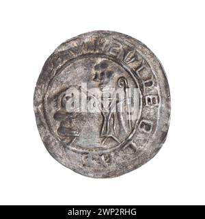 Brakteat; Boles Aw III Krzywousty (KSI polacco; 1107-1138); 1135-1138 (1135-00-00-1138-00-00); Bolesław III Krzywousty (Principe di Polonia - 1086-1138), Bolesław III Krzywousty (Principe di Polonia - 1086-1138) - iconografia, Wojciech (Saint - ca. 956-997), vescovo (iconogr.), vescovi, gesto di cura (iconogr .), klęczący książę (ikonogr.), męczennicy, pastorał, pastorał (ikonogr.), romański (stilo), szata liturgiczna (ikonogr.), szaty liturgiczne, średniowiecze (epoka) Foto Stock