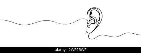 Orecchio umano: Una linea, linea continua. Contorno lineare dell'orecchio, silhouette. illustratore vettoriale. Illustrazione Vettoriale