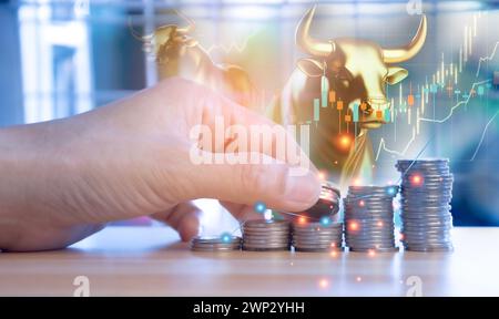 Idee di investimento a lungo termine, profitti da azioni e trading di criptovalute. Foto Stock