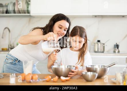 La mamma aggiunge il latte al recipiente, la ragazza mescola gli ingredienti con la frusta. Foto Stock