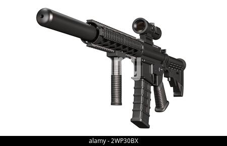 fucile con telescopio su sfondo bianco. rendering 3d. Foto Stock