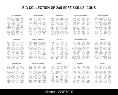 Set di icone grandi per le abilità soft. Migliorare le capacità interpersonali essenziali con icone di pensiero critico, leadership e altro ancora. Coltivare l'eccellenza professionale e la crescita personale. illustrazione vettoriale. Illustrazione Vettoriale