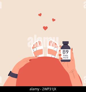 Acido folico. Donna che tiene la vitamina B9. Vista dall'alto della pancia della gravidanza. Riduzione del rischio. Donna che prende vitamine per la salute del bambino. Supplementi per Illustrazione Vettoriale