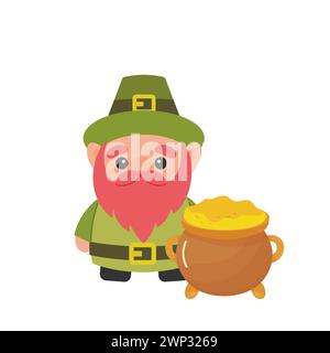 Giorno di San patrizio, carino leprechaun con una pentola d'oro, . vettore su sfondo bianco Illustrazione Vettoriale