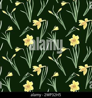 Motivo senza cuciture di narcisi gialli con foglie verdi su sfondo scuro. Illustrazione ad acquerello disegnata a mano narciso della primavera del giardino. Modello per fa Foto Stock