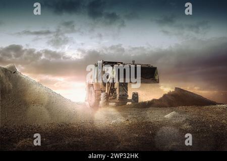 Pala caricatrice gommata in cantiere con colline sabbiose e polverose con un sole brillante sullo sfondo Foto Stock