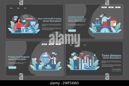 Set raccolta Web Taste Care. Illustrazioni vettoriali per mangiare consapevole, moderazione alcolica, cura orale e disintossicazione del gusto, perfette per contenuti web educativi. Illustrazione vettoriale piatta. Illustrazione Vettoriale