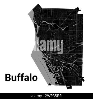 Mappa della città di Buffalo, New York, Stati Uniti. Confini amministrativi municipali, mappa delle aree in bianco e nero con fiumi e strade, parchi e ferrovie. VECTO Illustrazione Vettoriale