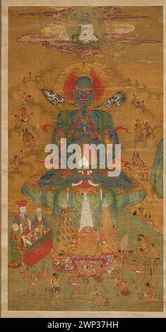 Pittura cinese a pergamena dell'era Qing raffigurante temi buddisti con demoni. Parte della collezione di Jerzy Knothe, l'opera d'arte a scorrimento verticale rappresenta le tradizioni artistiche religiose cinesi. La provenienza indica l'acquisto. Foto Stock