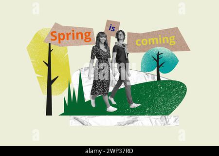 Immagine collage di due partner allegri effetto bianco-nero che tengono le braccia camminano la primavera sta arrivando alberi dipinti erba neve isolata su sfondo creativo Foto Stock