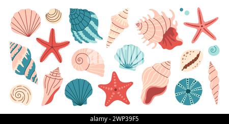 Set di conchiglie di mare, molluschi, stelle marine. Elegante illustrazione piatta della collezione conchiglie isolata su bianco per adesivi. Illustrazione Vettoriale