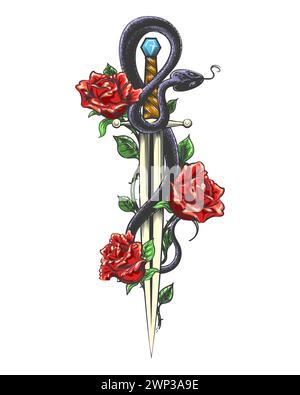Snake and Roses on a Sword Engraving Tattoo isolato su illustrazione vettoriale bianca. Non è stata utilizzata alcuna IA. Illustrazione Vettoriale