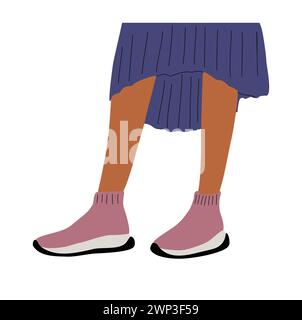 Gambe femminili che indossano sneakers e gonne alla moda. Illustrazione Vettoriale