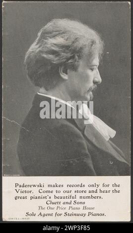 Ritratto di Ignacy Jan Paderewski (1860-1941) (busto dal profilo) - cartolina pubblicitaria dell'etichetta New York Victor Records; Davis & Sanford (New York; 1892-CA 1901; Studio Fotographical), Victor Records (New York; 1901-1946); 1913 (1913-00-00-1913-00-00-00-00-00);Cluett and Sons piano House (New York-1854-?), Paderewski, Ignacy Jan (1860-1941), Paderewski, Padiconwski, Jan (1860-1941) Paderewski, Ignacy Jan (1860-1941)-Collection, Victor Talking Machine Company (New York - 1901-1929), pianoforti, strumenti musicali, compositori, musicisti, pianisti, ritratti, ritratti da uomo, pubblicità, te Foto Stock