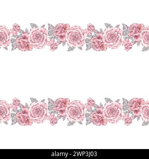 Motivo senza cuciture con fiori ad acquerello rosa rosa vintage che disegna a mano in stile botanico. Invito al matrimonio con stampe artistiche, grandioso Foto Stock