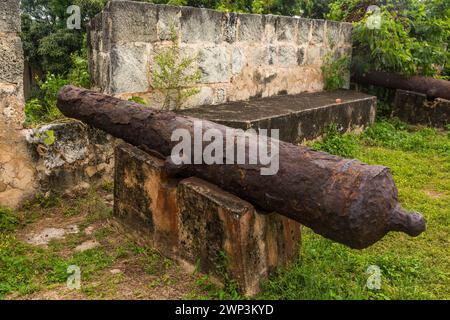 Antico cannone spagnolo alla fortezza di Ozama, o Fortaleza Ozama, nella città coloniale di Santo Domingo, Repubblica Dominicana. Realizzato nel 1505 d.C., con Foto Stock