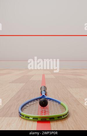 La racchetta da squash e la palla si trovano sulla linea rossa del campo sportivo. rendering 3d. Foto Stock