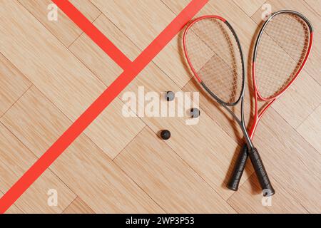 Una racchetta da squash e palle si trovano su un campo sportivo. rendering 3d. Foto Stock