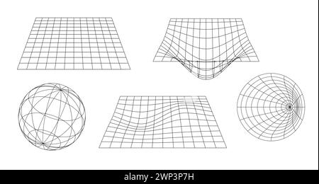 Set di griglie vettoriali, elementi di design y2k. Piano, sfera, imbuto Illustrazione Vettoriale