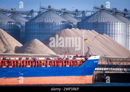 Rostock, Germania. 29 febbraio 2024. Silos di grano presso la banchina di merci alla rinfusa nel porto d'oltremare del porto di Rostock. L'Ufficio federale di statistica fornisce informazioni sulle attuali cifre relative alle esportazioni nel gennaio 2024. Crediti: Jens Büttner/dpa/Alamy Live News Foto Stock