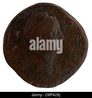 Una moneta sesterce romana emessa dopo il 141 d.C. raffigurante l'imperatore Antonino Pio e l'imperatrice Faustina la vecchia, illustrando la monetazione imperiale romana e l'economia del II secolo. Foto Stock