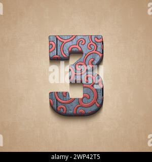 set di numeri in legno decorato, rendering 3d, tre Foto Stock