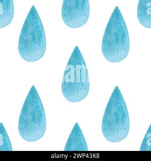 Gocce di acquerello blu, motivo pioggia su sfondo bianco Foto Stock