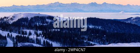 Vista dal Feldberg sull'Herzogenhorn sulle Alpi svizzere, di fronte all'alba, il quartiere Breisgau-Hochschwarzwald, Baden-Wuerttemberg, Germania Foto Stock