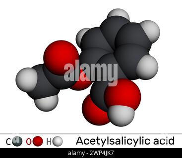 Acido acetilsalicilico, aspirina, molecola ASA. Si tratta di salicilato, farmaco analgesico e antipiretico. Modello molecolare. Rendering 3D. Illustrazione Foto Stock