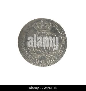 Due monete da incoronazione del 1766 sotto il re Stanisław August Poniatowski, coniate da Fryderyk Wilhelm Sylm, che mostrano la denominazione e i dettagli della moneta. Foto Stock