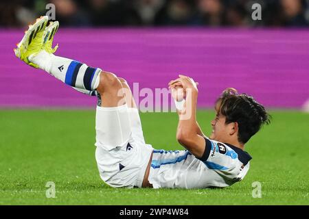 San Sebastian, Spagna. 5 marzo 2024. Takefusa Kubo del Real Sociedad durante la partita di UEFA Champions League, turno 16, 2a tappa, tra Real Sociedad e Paris Saint Germain il PSG ha giocato al reale Arena Stadium il 5 marzo 2024 a San Sebastian, in Spagna. (Foto di Bagu Blanco/PRESSINPHOTO) credito: PRESSINPHOTO SPORTS AGENCY/Alamy Live News Foto Stock