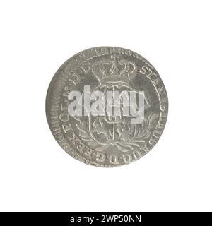 Una moneta da 2 corone grosze emessa nel 1767 durante il regno del re polacco Stanisław August Poniatowski, che mostra la denominazione e le insegne reali. Foto Stock