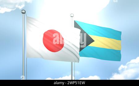 Bandiera 3D del Giappone e delle Bahamas sul cielo blu con sole splendente Foto Stock