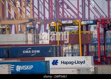 Containerterminal im Seehafen Bremerhaven, Eurogate Container Terminal mit fast 50 Containerbrücken, Kränen, auf einer Länge von über 4 KM an der Wesermündung, Portalhubwagen bringen die container von und zu den Containerschiffen, bzw. Lagern sie zwischen, Bremerhaven, Brema, Deutschland Container Terminal Bremerhaven *** Container Terminal nel porto marittimo di Bremerhaven, Eurogate Container Terminal con quasi 50 gru a cavalletto per container, gru, su una lunghezza superiore a 4 KM alla foce del Weser, i supporti a sella portano i contenitori da e verso le navi portacontainer, oppure li conservano tra, BR Foto Stock