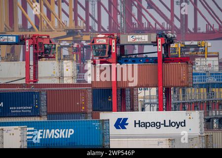 Containerterminal im Seehafen Bremerhaven, Eurogate Container Terminal mit fast 50 Containerbrücken, Kränen, auf einer Länge von über 4 KM an der Wesermündung, Portalhubwagen bringen die container von und zu den Containerschiffen, bzw. Lagern sie zwischen, Bremerhaven, Brema, Deutschland Container Terminal Bremerhaven *** Container Terminal nel porto marittimo di Bremerhaven, Eurogate Container Terminal con quasi 50 gru a cavalletto per container, gru, su una lunghezza superiore a 4 KM alla foce del Weser, i supporti a sella portano i contenitori da e verso le navi portacontainer, oppure li conservano tra, BR Foto Stock