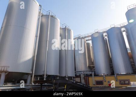 I silos o i serbatoi di birreria vengono generalmente utilizzati per la conservazione dell'orzo o della birra fermentata. Attrezzature per birreria all'aperto con serbatoi e tubi in acciaio inossidabile. Foto Stock