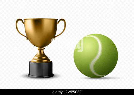 Icona Vector 3d Realistic Blank Golden Champion Cup con dettaglio del set di palle da tennis isolato. Modello di progettazione di trofei da campionato per il concetto di sport Illustrazione Vettoriale
