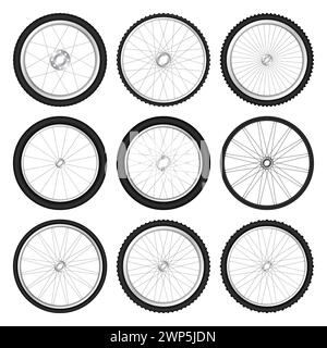 Ruote 3d realistiche per biciclette. Pneumatici in gomma, razze e cerchi in metallo lucido. Cyclette, escursioni, sport, Road e mountain bike. Vettore Illustrazione Vettoriale