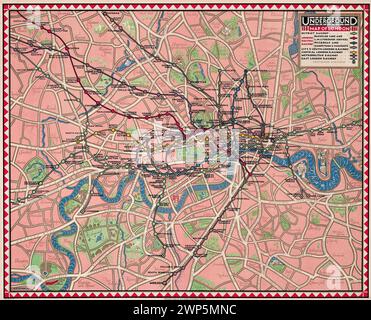 Poster della mappa d'epoca della metropolitana di Londra. A colori, 1926, stampato da Waterlow & Sons Ltd., Londra, . Foto Stock