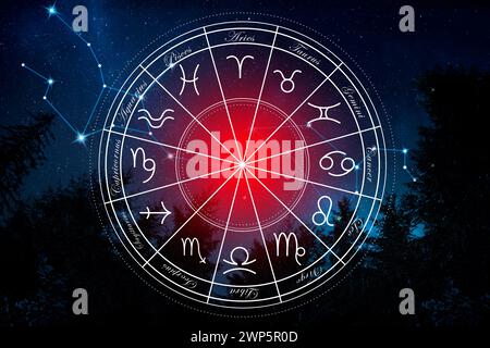 Ruota zodiacale che mostra 12 segni contro il cielo notturno Foto Stock