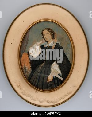 Ritratto in miniatura di una signora in crinolina nera, 1850-1865, raffigurante gioielli, pizzi, abiti, acconciature, interni e vedute urbane, che documentano la moda e la ritrattistica delle donne polacche. Foto Stock