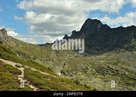 Uno stretto sentiero escursionistico che si snoda lungo un dolce pendio fino alla cima di una catena montuosa in una limpida giornata estiva. Passo Khudozhnikov, Parco naturale Ergaki, Kras Foto Stock