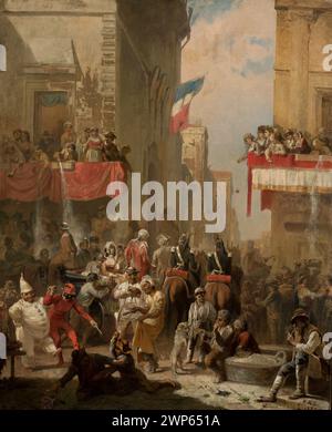 Una rappresentazione del carnevale in corso Street a Roma di Karol Miller nel 1869, che mostra cavalieri, maschere, bandiere e festeggiamenti urbani. Foto Stock