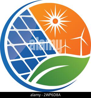 Logo Renewable Energy Concept – pannelli solari, turbine eoliche e Sunset Design Illustrazione Vettoriale