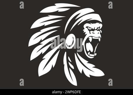 Sagoma tribale Apache Gorilla Vector – testa di scimmia arrabbiata con copricapo in piuma isolato su sfondo nero Illustrazione Vettoriale