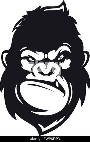 Illustrazione vettoriale della mascotte Angry Gorilla Head, Fierce Primate Face Design, isolata su sfondo bianco Illustrazione Vettoriale
