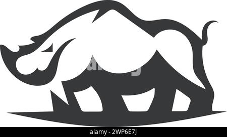 Sagoma di un potente Rhino in piedi su sfondo bianco illustrazione vettoriale Illustrazione Vettoriale