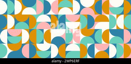 Semicircoli luminosi senza cuciture. Semicerchi geometrici astratti in quadrati che ripetono lo sfondo. Modernismo svizzero a colori o carta da parati in stile postmoderno. Sfondo modulare rosa vettoriale, dorato, verde Illustrazione Vettoriale